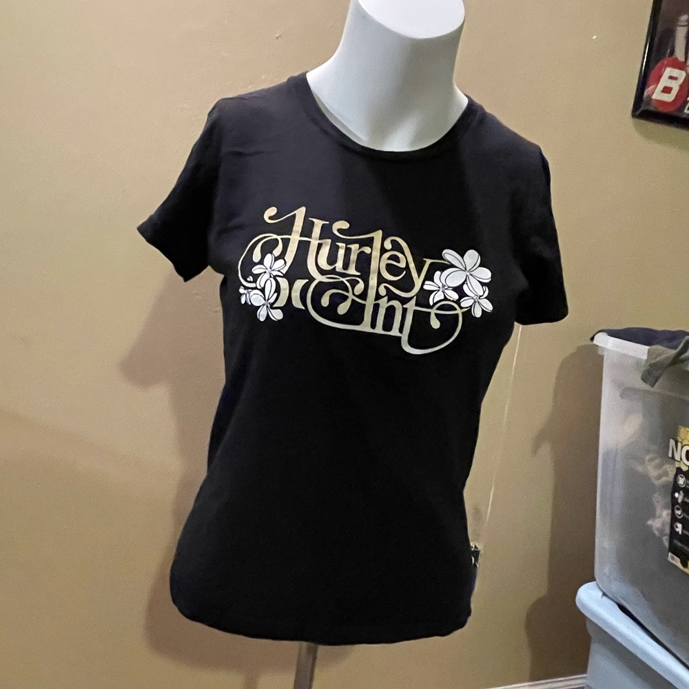 Black y2k Hurley tee with flowers and glitter